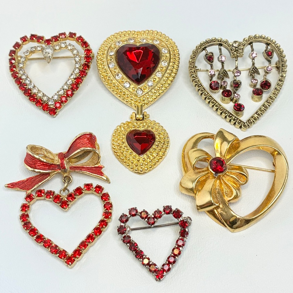 Vintage Heart Brooch Lot 6pc Red Rhinestone Gold Tone Pins Victorias Secret Avon